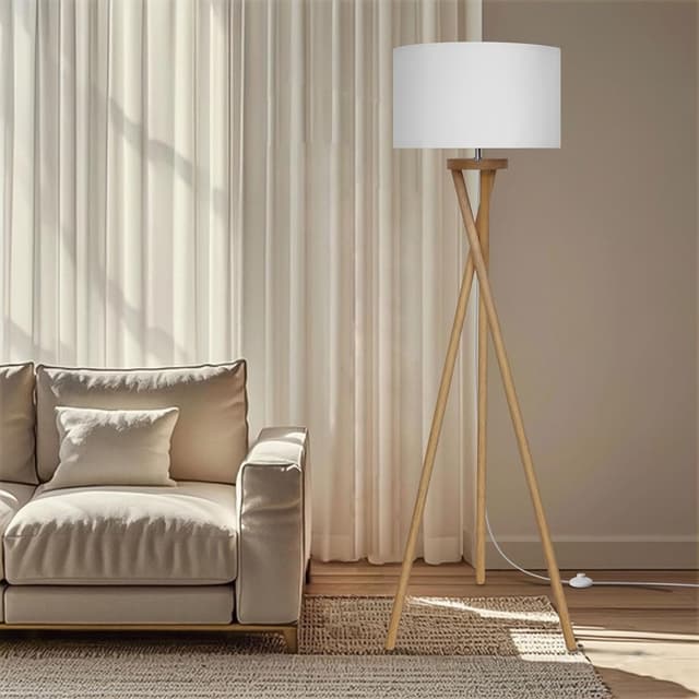 Detalle de Lampadaire sur pied BBHome style scandinave en bois avec abat-jour blanc et ampoule LED E27 9 W