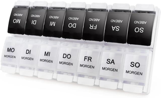 Thumbnail 6 de MOLN HYMY Medikamentenbox für 7 Tage mit 2 Fächern (AM/PM), BPA-frei, 14 Fächer, Druckknopfdeckel in Schwarz/Weiß