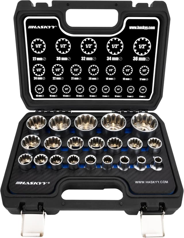 Detalle de Jeu de clés à douille à denture multiple 1/2" XZN (21 pièces) HASKYY, 8 à 36 mm