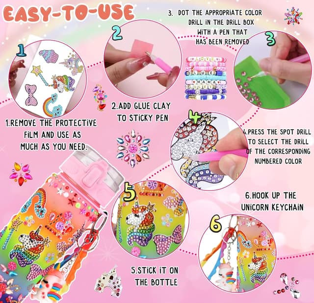Detalle de Sanilinwild Girls DIY Water Bottle Kit (600ml) with Unicorn Theme & Friendship Bracelet Set
