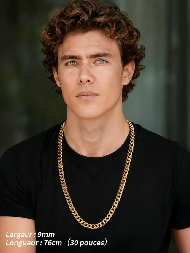 Detalle de Collier chaîne homme FindChic en acier inoxydable 316L, maille gourmette cubaine (6/9 mm) – longueurs 46 à 76 cm