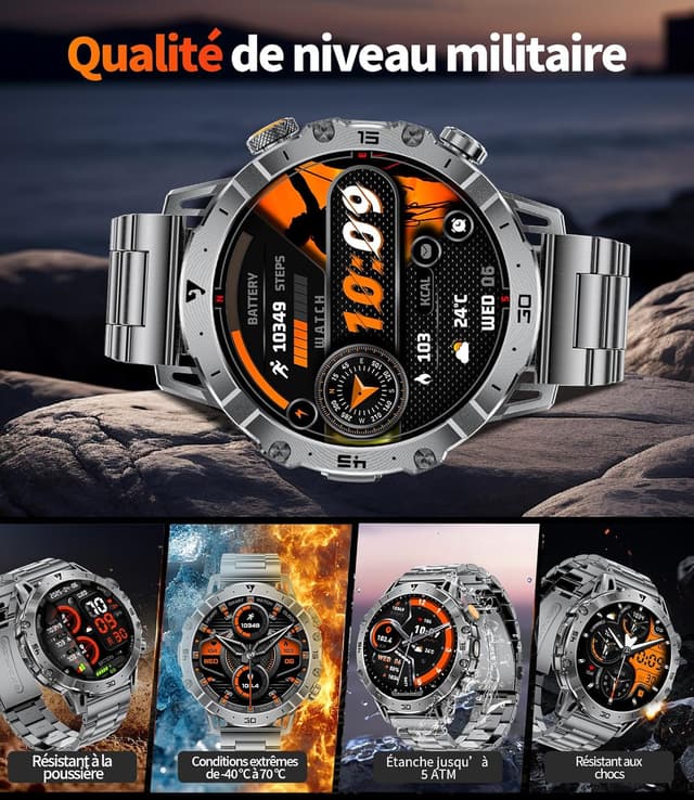 Thumbnail 6 de LIGE Montre Connectée Homme Militaire 1,7’’ HD : appels Bluetooth, lampe LED et suivi sport & santé