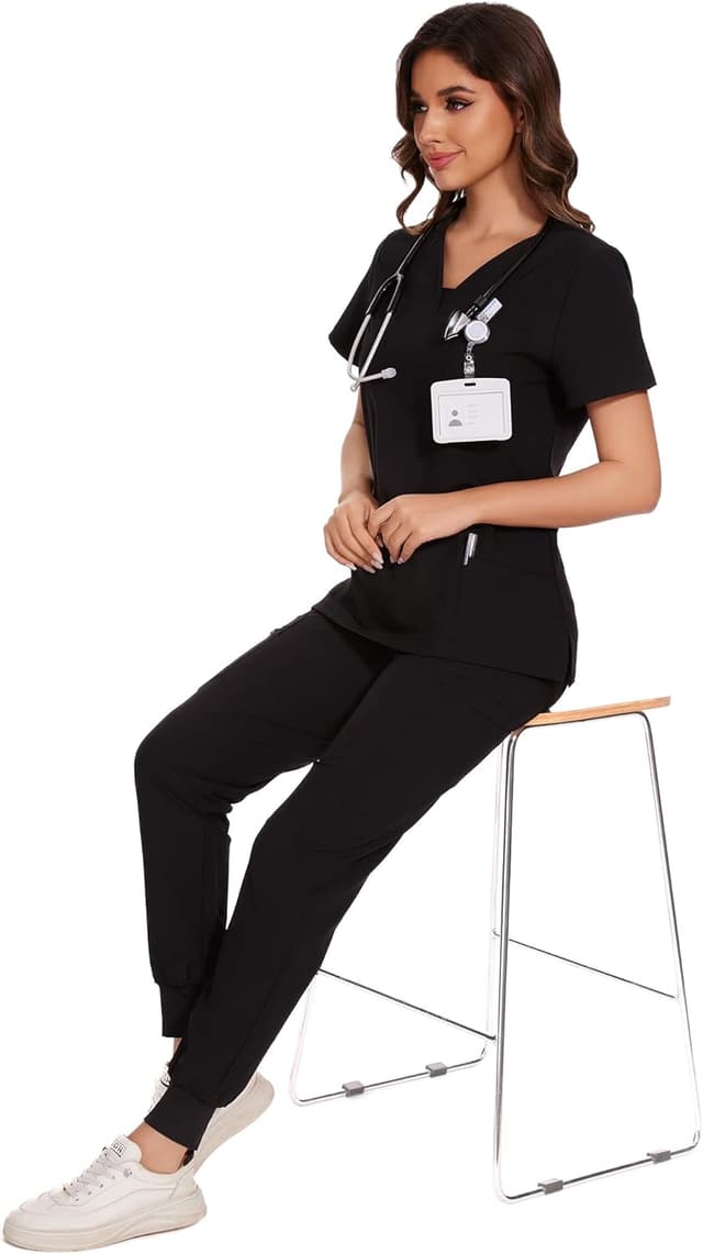Detalle 2 de COZYFIT Women’s V-Neck Scrubs Top & Cargo Pants Set with 10 Pockets
