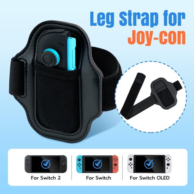 Detalle 2 de Mcbazel Joycon-Beingurt für Nintendo Switch 2 / Switch – verstellbares elastisches Beinband mit PVC-Halterung, 40/60 cm, Schwarz