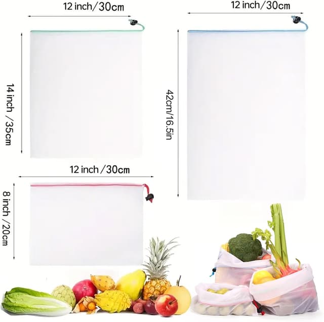 Detalle de DAMIHAI 15er Set Obst- und Gemüse-Netztaschen mit Kordelzug (3 Größen) – wiederverwendbare Netzbeutel