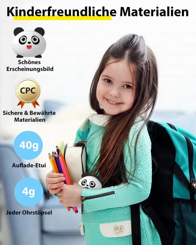 Detalle 2 de COOTIMOCK Bluetooth-Kopfhörer für Kinder (In-Ear) mit 85-dB-Lautstärkebegrenzung, Panda-Design & bis zu 30 Stunden Spielzeit
