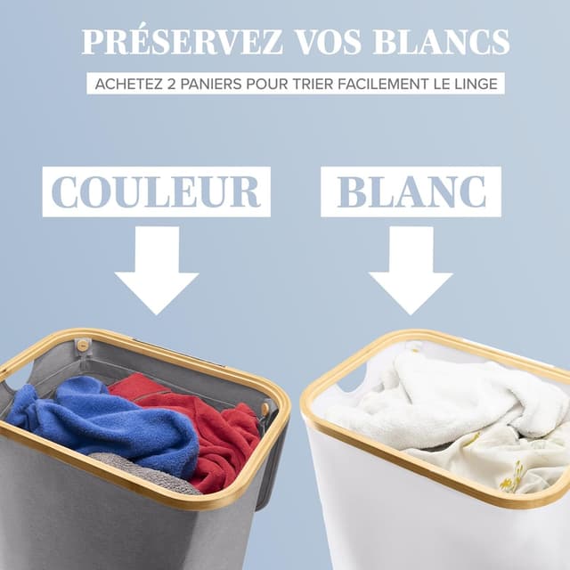 Detalle de LONBET 100L panier à linge avec couvercle et cadre en bambou, sac amovible et poignées latérales (gris clair)