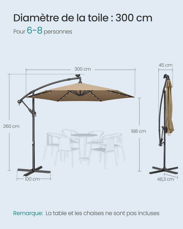 Detalle 2 de SONGMICS Parasol déporté avec 32 LED, socle en croix et protection UPF 50+ (300 cm)