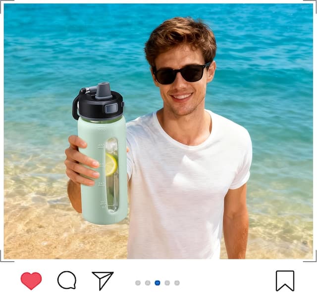 Detalle de BLUEGO Glas-Wasserflasche 600 ml mit 2 Deckeln & Zeit-Skala (Borosilikat, BPA-frei) – hellblau