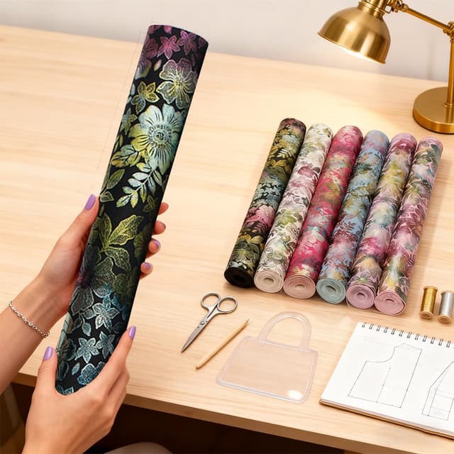 Detalle 2 de Kunstleder Stoff Rolle 41 x 137 cm mit glänzendem Blumenmuster in Rosa – ideal zum Basteln