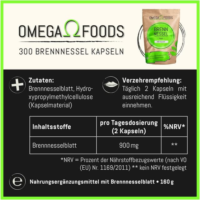 Detalle de Brennnessel Kapseln (Brennnessel Extrakt) – 300 Kapseln mit 450 mg pro Kapsel, vegan