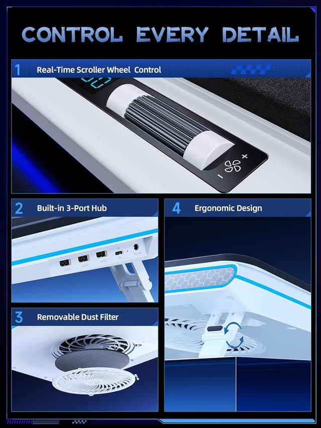 Detalle 2 de llano RGB Laptop Cooling Pad (White) with 14cm Turbofan, Quiet Cooling & Touch Controls, 15-19in Laptops