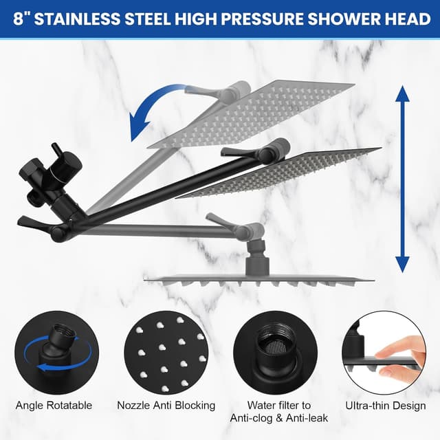 Detalle de Tudoccy SHP-HS Shower Head Combo (8" Rainfall + Handheld) in Matte Black with 11" Extension Arm
