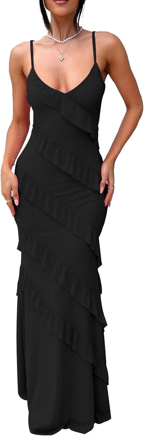 Detalle de HOCILLE Women’s V-Neck Backless Bodycon Maxi Dress with Ruffle Tassel Accents