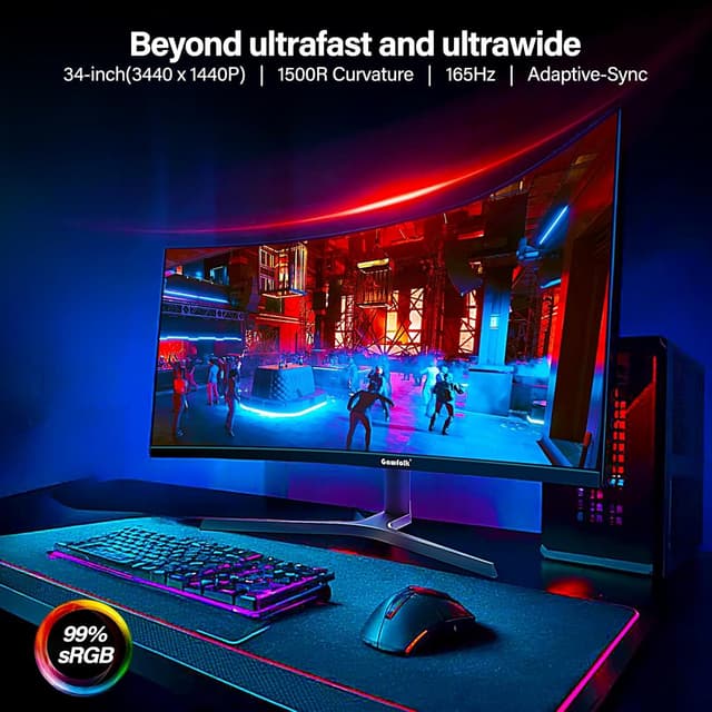 Detalle de Gawfolk 34-Zoll Curved Ultrawide Gaming-Monitor (3440×1440, 165 Hz, 1500R) mit VA-Panel und Höhenverstellung
