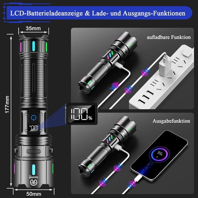 Thumbnail 3 de Jayxinli LED-Taschenlampe mit Akku, LCD-Batterieanzeige, Zoom und IP67