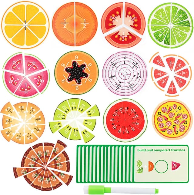 Detalle de Wooden Fruit Fractions Circles (91 pieces + 20 question cards) Montessori-style fractions maths game for ages 6+