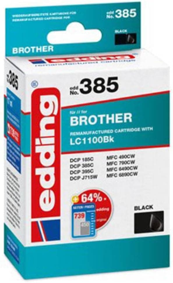 Detalle de edding Druckerpatrone EDD-385 (Einzelpatrone) Schwarz – für Brother LC1100BK, 17 ml, ca. 735 Seiten