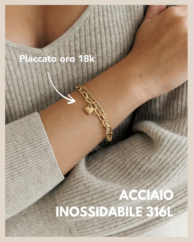 Detalle de GD GOOD.designs bracciale cuore multistrato regolabile con charms e catena Figaro (oro 18K, oro rosa o argento)