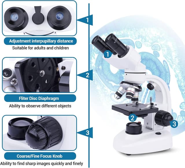 Detalle 2 de MAXLAPTER microscopio binoculare composto 40X–1000X per adulti e bambini, doppio LED e kit scuola
