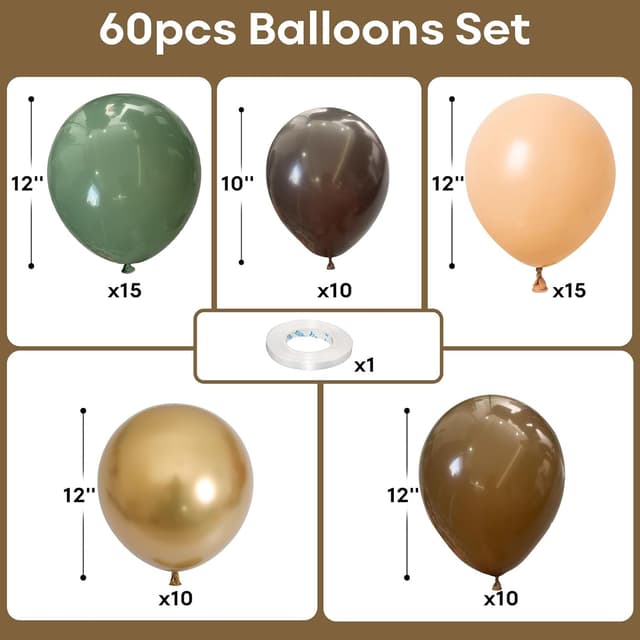 Detalle de 60-Piece Sage Green, Gold & Brown Latex Balloons Woodland Camo Set for Jungle Safari & Hunting Parties