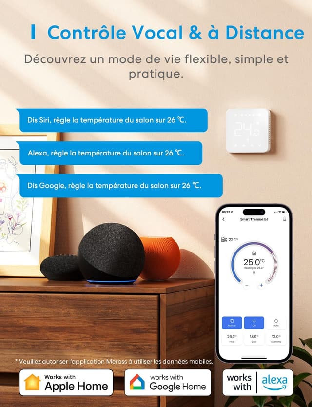 Detalle de Meross Thermostat Connecté Encastrable WiFi pour chaudière / chauffage au sol à eau, compatible Apple HomeKit, Alexa et Google Home