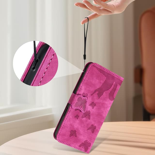 Detalle 1 de LSPCASA Handyhülle für iPhone 17 6,3 Zoll – Flip Wallet Case mit Kartenfach, Standfunktion und Schmetterlingskatze (Rosa)