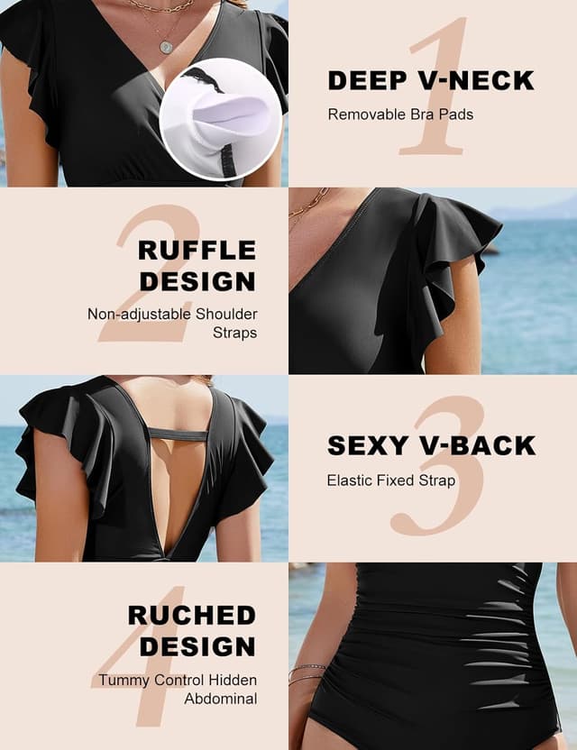 Detalle 2 de Yuson Girl Damen-Badeanzug mit Rüschen, V-Ausschnitt & Shape-Effekt (Bügel, High Waist)