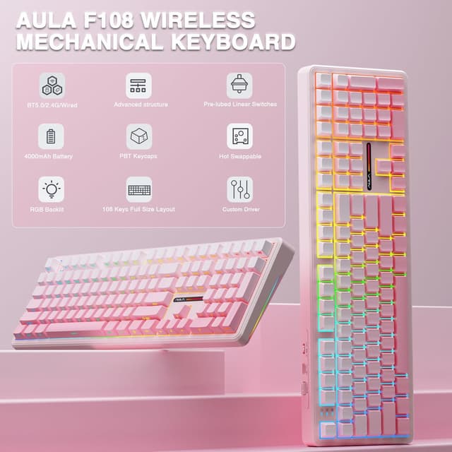Detalle de AULA F108 Mechanical Keyboard (Wireless-Silent) – 2.4GHz/BT5.0 + USB-C, 100% Full Size, RGB, Hot-swappable
