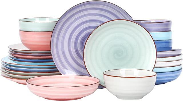 Detalle de Selamica Ceramic Plates and Bowls Set (24-Piece) for 6 — Handpainted Swirl & Gradient Color