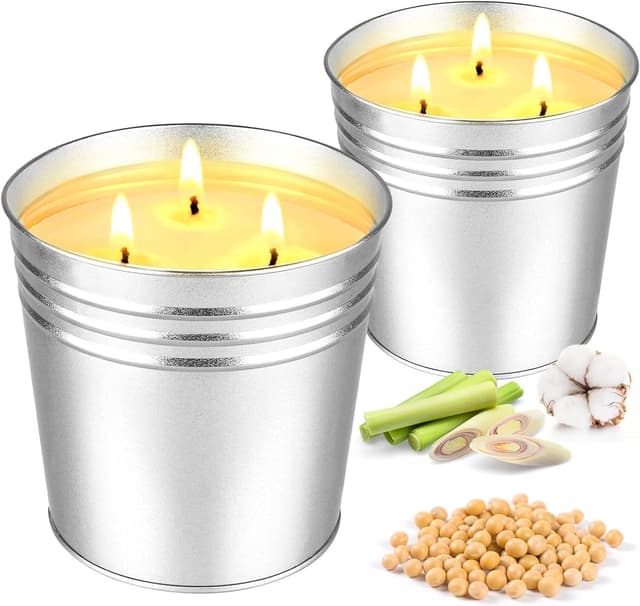 Detalle de Set of 2 Citronella Outdoor Candles (17 oz, Large 3-Wick Soy Wax) with Up to 180 Hours Burn Time