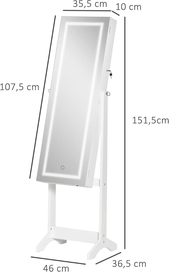 Thumbnail 6 de HOMCOM armoire à bijoux LED sur pied avec miroir et écran tactile blanc