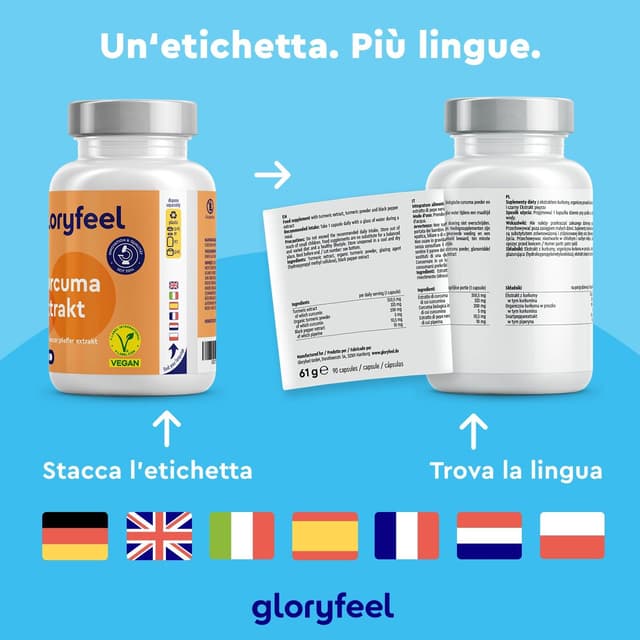 Detalle de Curcuma Bio 95% in polvere con Piperina Plus in capsule – 90 capsule (gloryfeel)