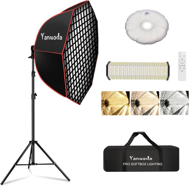 Detalle de 37" Professional Octagonal Softbox Lighting Kit with 110W Dimmable LED, Remote Stand & Grid