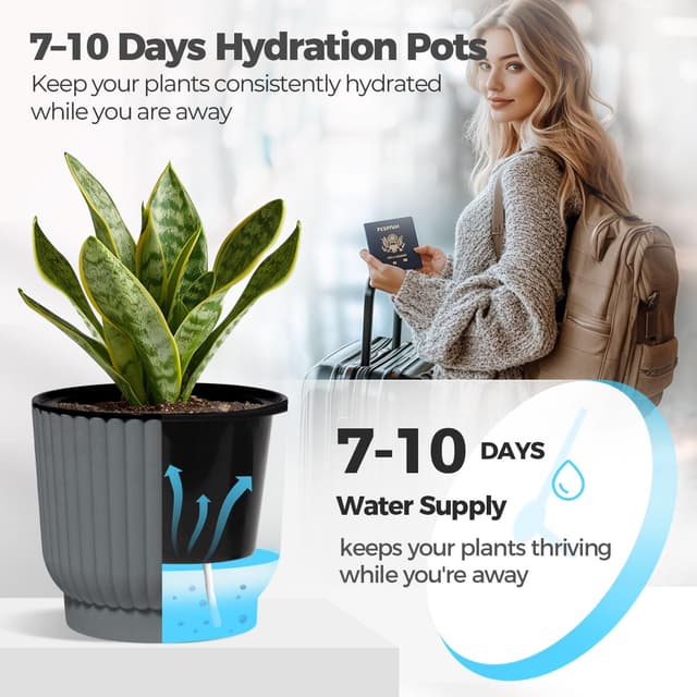 Detalle de T4U 10cm Self-Watering Plant Pots Indoor (6 Pack) – Grey Plastic Indoor Flower Pots