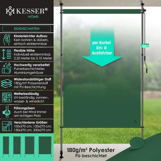 Detalle 2 de KESSER Klemmmarkise 120 x 310 cm als Vertikal-Sichtschutz für Balkon und Garten (dunkelgrün)