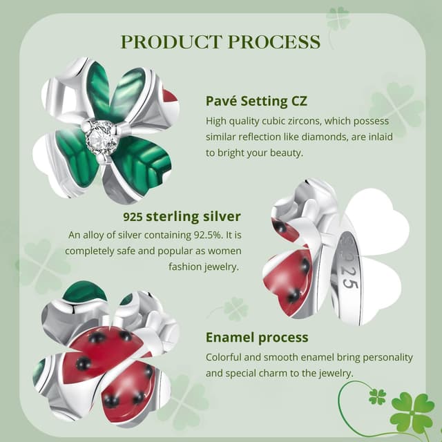 Thumbnail 6 de Qings vierblättriges Kleeblatt Charm-Anhänger aus Sterlingsilber 925 mit Zirkonia & Marienkäfer (für Armband oder Halskette)