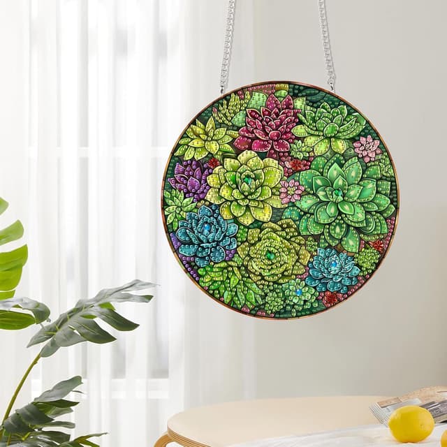 Detalle de Reofrey Diamond Painting Doppelseitiger Anhänger Acrylbrett mit Kette (20x20 cm) – DIY Kristall-Malerei für Fenster, Wand & Garten