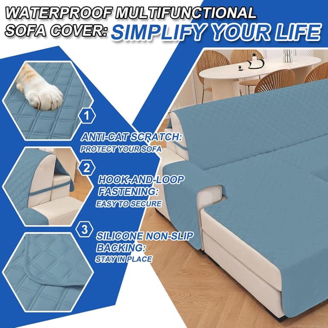 Detalle de YSTELLAA copridivano impermeabile 2 posti con penisola, angolare reversibile destra/sinistra, blu chiaro (L 210 cm)