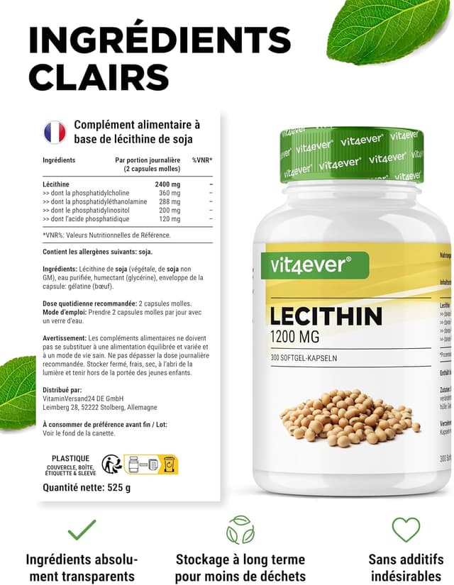 Detalle de Lécithine de soja 1200 mg (300 softgels) Premium – Phosphatides inclus