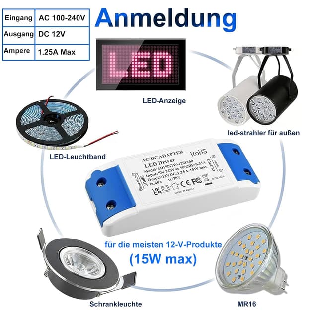 Detalle 2 de 15W 12V Constant Low Voltage LED Power Supply Adapter (1.25A) for LED Strip Lights, G4/MR11/MR16 Bulbs & Ring Doorbell