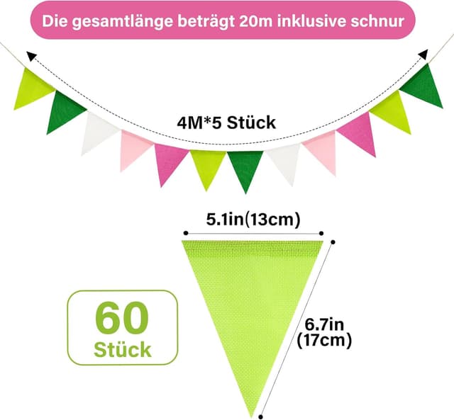 Detalle 2 de jijAcraft Rosa-Grün Wimpelkette Outdoor (20 m, 5 Stück) – wetterfest für Gartenparty & Camping