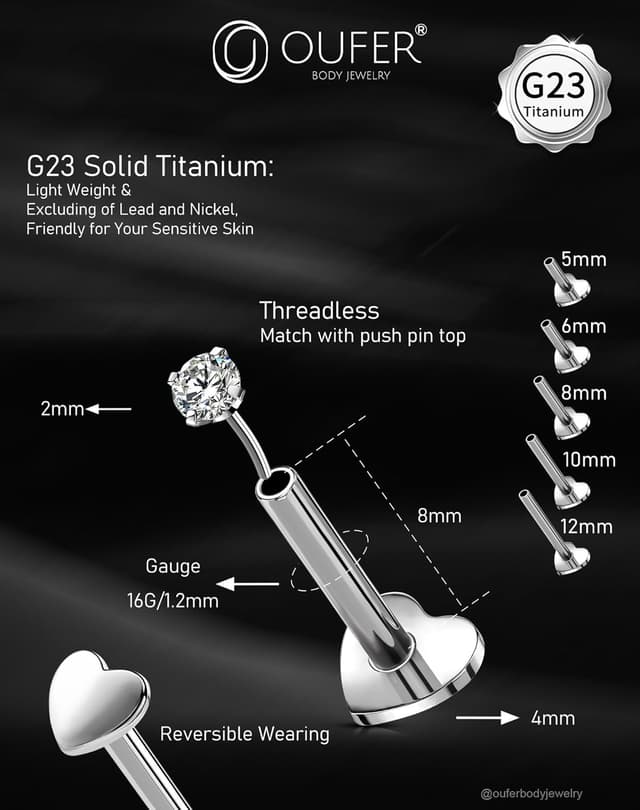 Detalle de OUFER barre labret / piercing lèvre en titane avec écrous push-in, 16G (5/6/8/10/12 mm) pour helix, tragus et cartilage