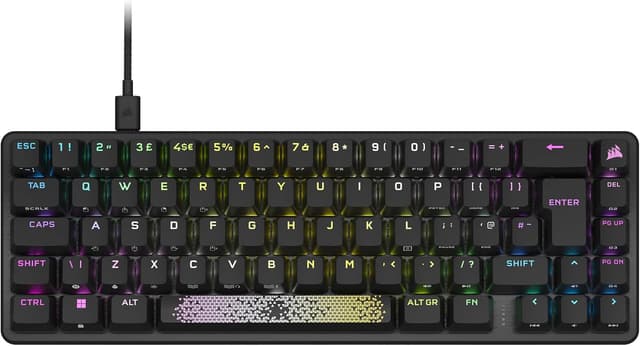 Detalle de Corsair K65 PRO Mini RGB (65%) mit optisch-mechanischen OPX-Schaltern – iCUE, PBT Double-Shot, QWERTZ