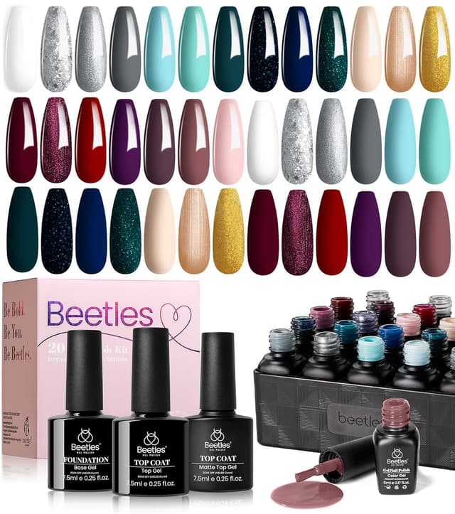 Detalle de Beetles Gel Polish Set mit 20 Farben: glänzender & matter Überlack für DIY-Maniküre