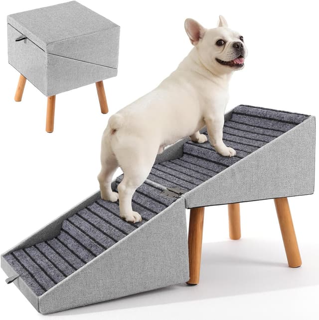 Detalle de Hundetreppe 2-in-1 aus Holz für Couch & Bett – klappbar, rutschfester Komfortbezug (Hellgrau, 43,5 cm hoch)