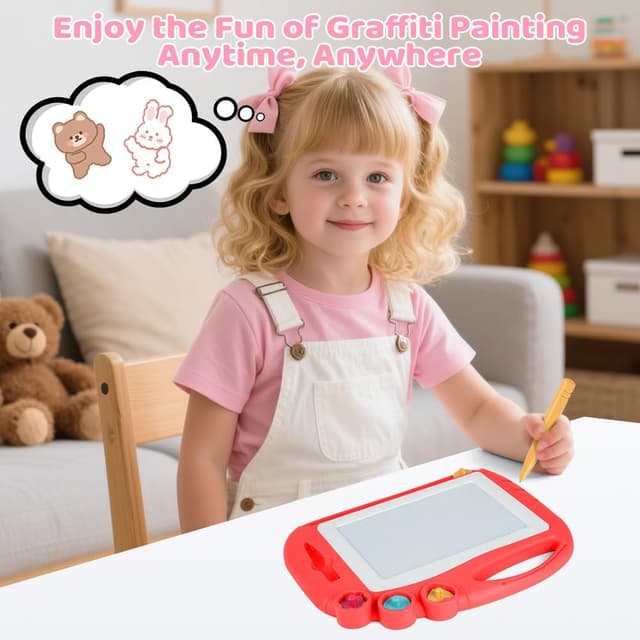 Detalle 2 de OFFCUP Magnetic Drawing Board for Toddlers (Red) – Portable doodle pad with pen and stamps, ages 1+