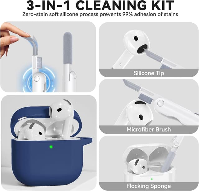 Detalle 2 de TNSNK Coque en silicone pour AirPods 4 (2024) avec fermeture magnétique, kit de nettoyage et porte-clés – M-Blue