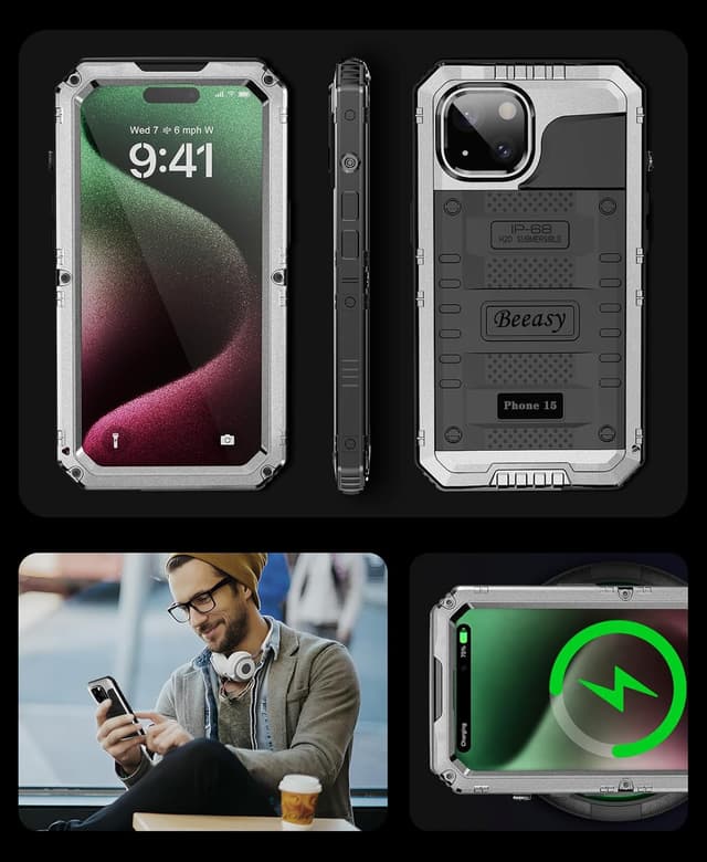 Detalle de Beeasy Robust Series iPhone 15 Waterproof Heavy Duty Case (Silver) – full-body shockproof armour cover
