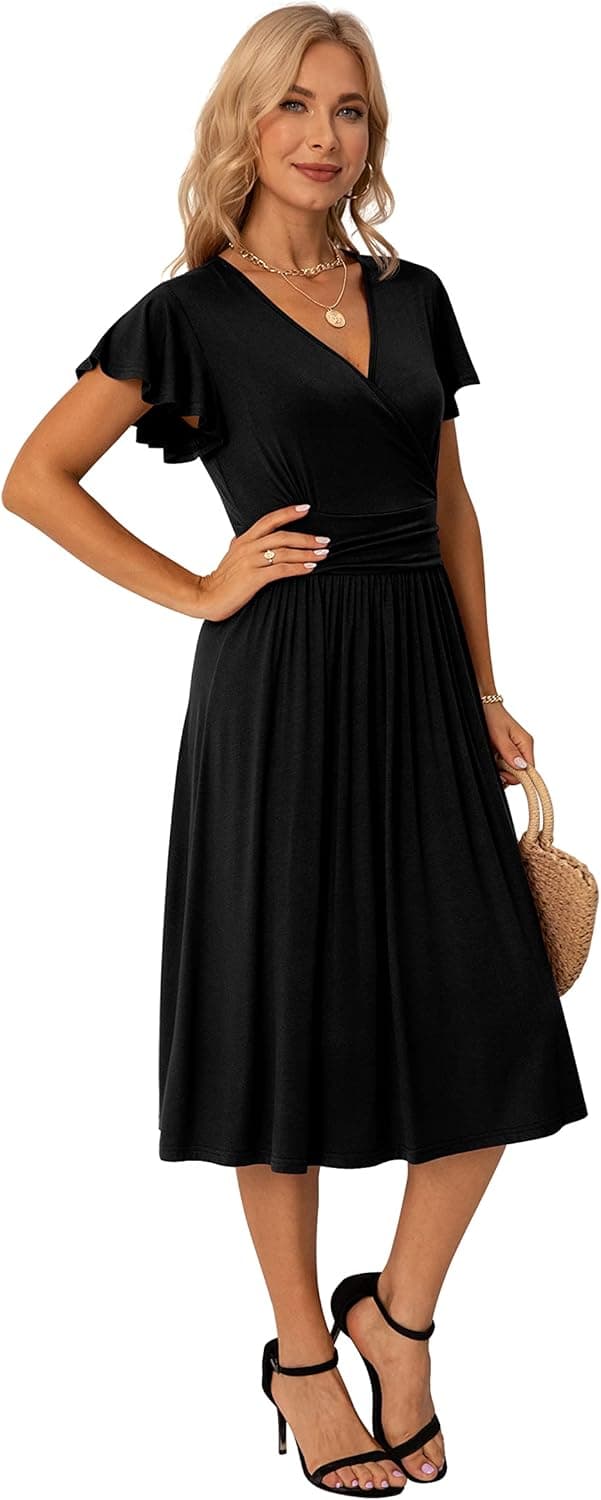 Detalle de GRECERELLE Womens Summer Wrap Dress – Floral V-Neck Ruffle Short Sleeve Beach Sundress (UK sizes S–2XL)